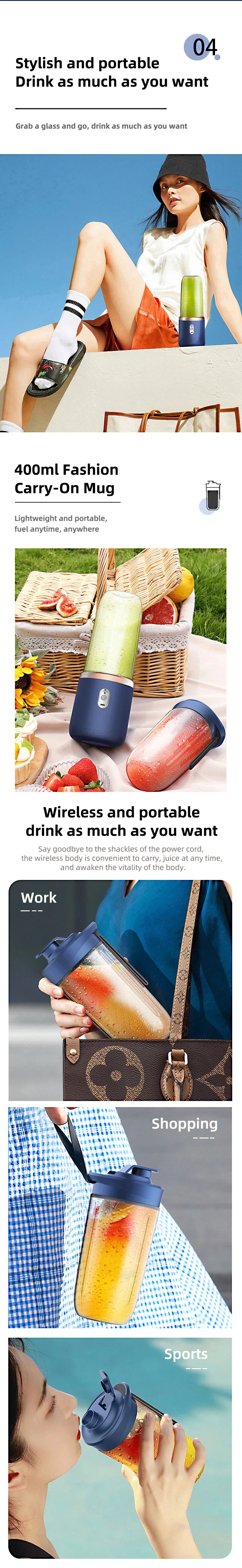 Portable USB Rechargeable Juicer Blender 400ml with 2 Cups