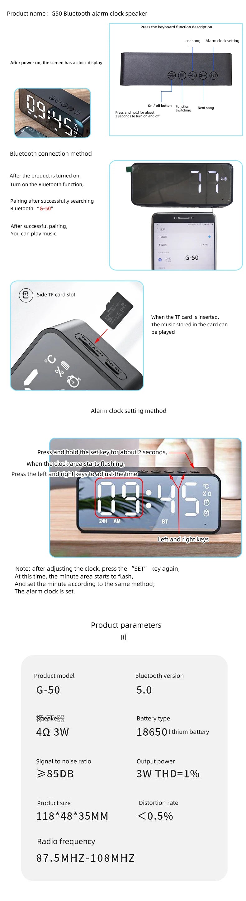 Mini Wireless Bluetooth Speaker with Alarm Clock & Voice Broadcast